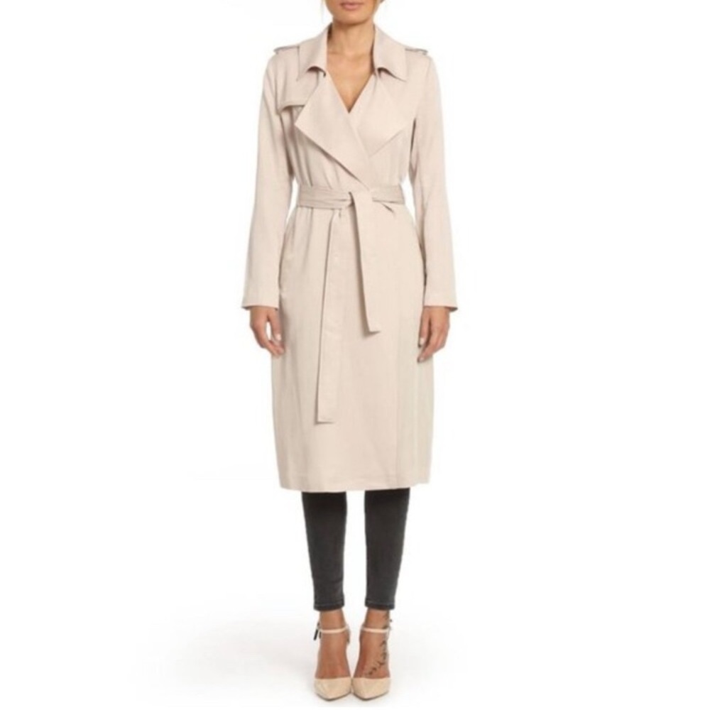 Badgley Mischka Tan / Cream Angelina Belted Trench Coat size Medium - Picture 2 of 14